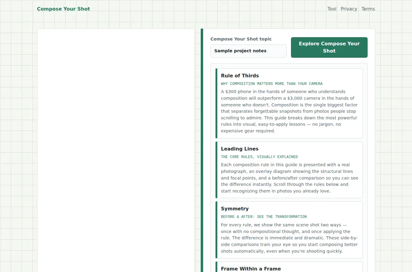 Screenshot of Compose Your Shot interface showing the project page in use